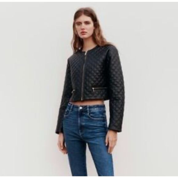Zara Cropped Black Quilted Faux Leather Moto Jacket Size XL NWOT - Picture 1 of 6